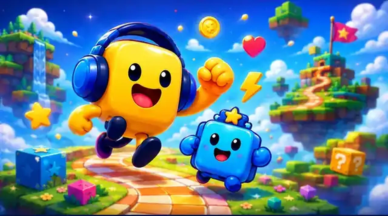Bop and Bit racing through a bright floating BopBits game world